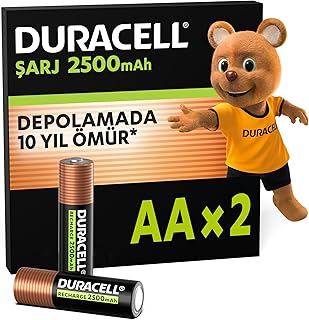 Duracell Şarj Edilebilir AA Kalem Pil (2'li Paket), 2500 mAh NiMH, Önceden Sarj Edilmiş, Şarj Edilebilir pilimiz