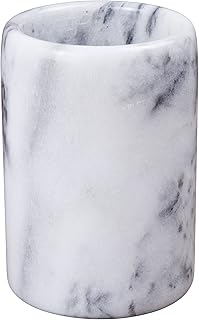 Lüks El Oyması Doğal Mermer Diş Fırçası ve Makyaj Fırçası Tutacağı - Banyo, Vanity, Ofis ve Masa Organizatörü için Ağır Hizmet Tayvan Yushan Taşı (8,4 cm x 11,5 cm, Off-Beyaz)