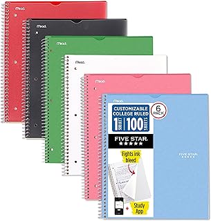Five Star Spiral Defterler + Çalışma Uygulaması, 6'lı Paket, 1 Konu, Kolej Kareli, 8-1/2