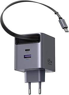 UGREEN 65W Makaralı Dahili Kablolu GaN Hızlı Şarj Cihazı, 2xUSB-C, 1xUSB-A, Gri, 65825