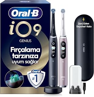 Oral-B iO9 Şarjlı/Elektrikli Diş Fırçası, 2'li Set, Rose Quartz & Siyah, 2 Fırça Başlığı, Hızlı Manyetik Şarj Cihazı, Uzun Ömürlü Pil, Şarj Eden Seyahat Kabı