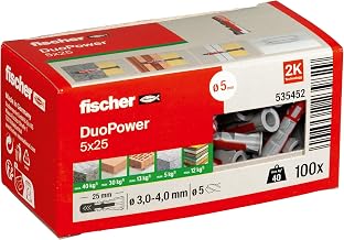 fischer DuoPower 5 x 25, evrensel dübel, güçlü 2 bileşenli dübel, beton, tuğla, taş, alçı karton vb. yerlere sabitlemek için plastik dübel, vidasız, 100 adet