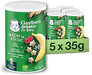 Gerber Organik Pirinçli, Buğdaylı, Muzlu ve Ahududulu Bebek Atıştırmalığı 35 g x 5 — %24 İndirim | Amazon TR Fırsatı