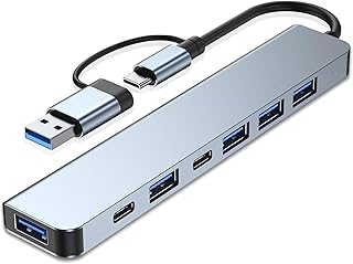 7'si 1 Arada USB ve Type-C Hub Adaptörü - 4 Adet USB 2.0 (450 Mbps), 1 Adet USB 3.0 (5 Gbps) 2 Adet Type-C Girişli, Hızlı Veri Aktarımı, Çok Portlu Çoklayıcı ve Çevirici USB Hub Adaptör