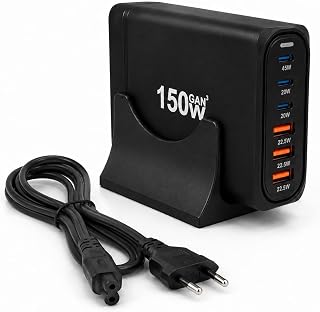 Orret Home 150W GaN Hızlı Şarj İstasyonu, 6 Portlu Masaüstü Şarj Aleti, 3 USB-C Type-C ve 3 USB-A Girişli Çoklu Adaptör, Telefon Tablet Laptop İçin Akıllı Güç Dağıtımlı Şarj Cihazı