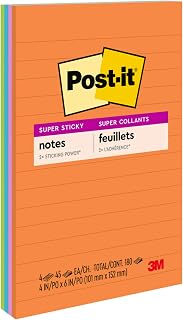 Post-it Süper Yapışkan Çizgili Notlar, 4 Yapışkan Not Defteri, 4 x 6 inç, Okul Malzemeleri, Ofis Ürünleri, Dikey Yüzeyler, Monitörler, Duvarlar ve Pencereler için Yapışkan Notlar, Enerji Arttırma