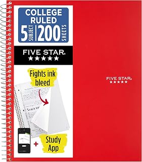 Five Star Spiral Defter + Çalışma Uygulaması, 5 Konu, Kolej Çizgili Kağıt, Mürekkep Kanamasıyla Mücadele, Suya Dayanıklı Kapak, 200 Yaprak, Kırmızı (72077)