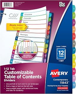 AVERY 3 Halkalı Klasör için 12 Bölmeli Bölücü, Özelleştirilebilir İçerik Tablosu, Çok Renkli Sekmeler, 1 Set, 24 Paket (11843)