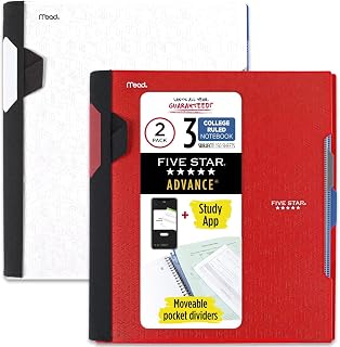 Five Star Advance 820111 spiral not defteri + öğrenme uygulaması, 2 adet, 3 adet, çizgili kolej kağıdı, 27,9 x 21,6 cm, 150 yaprak, spiral korumalı ve hareketli ayırma duvarlı, kırmızı, beyaz