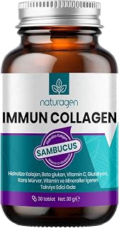 Naturagen Immun Collagen 30 Tablet Bağışıklık Güçlendirici Hidrolize Kolajen Peptitleri Tip 1 3 + B. Glukan + Vitamin A B6 B12 C D E + Glutatyon + Çinko Takviyesi (30 Tablet, Sambucus(Karamürver))