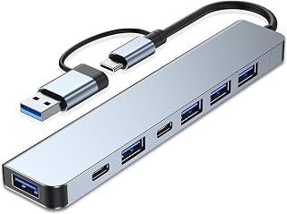 7'si 1 Arada USB ve Type-C Hub Adaptörü, 4 Adet USB 2.0 (450 Mbps), 1 Adet USB 3.0 (5 Gbps) 2 Adet Type-C Girişli, Hızlı ve Güvenli Veri Aktarımı, Çok Portlu Çoklayıcı ve Çevirici USB Hub Adaptör